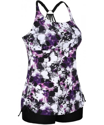 Plus Size Strappy Bathing Suits for Women Athletic Two Piece Swimsuit Modest Tankini Top with Shorts Purple Floral $19.20 Swi...
