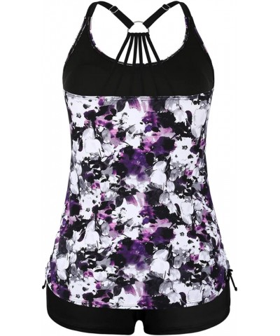 Plus Size Strappy Bathing Suits for Women Athletic Two Piece Swimsuit Modest Tankini Top with Shorts Purple Floral $19.20 Swi...