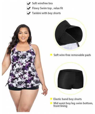 Plus Size Strappy Bathing Suits for Women Athletic Two Piece Swimsuit Modest Tankini Top with Shorts Purple Floral $19.20 Swi...