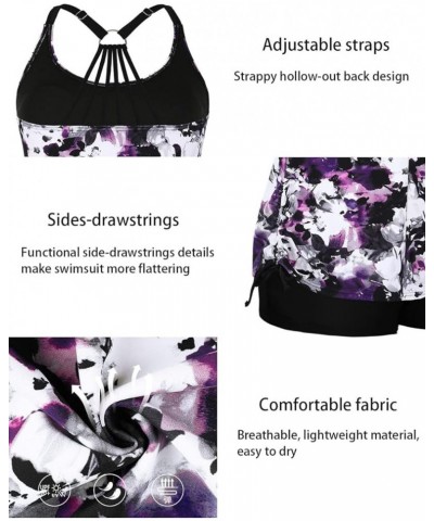 Plus Size Strappy Bathing Suits for Women Athletic Two Piece Swimsuit Modest Tankini Top with Shorts Purple Floral $19.20 Swi...