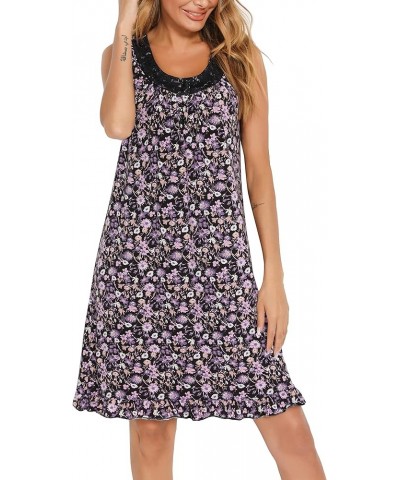 Women Sleeveless Nightgowns Lace Sleepshirts Soft Sleepdress Wide Strap Chemise Tank Top Sleepwear Print Pajama Dress Purple ...