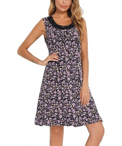Women Sleeveless Nightgowns Lace Sleepshirts Soft Sleepdress Wide Strap Chemise Tank Top Sleepwear Print Pajama Dress Purple ...