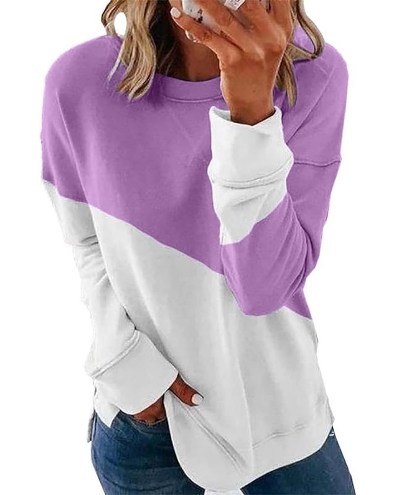Fall Sweatshirts for Women 2023 Fashion Casual Crewneck Long Sleeve Pullover ColorBlock Stripe Print Blouse Loose Fit B1-purp...