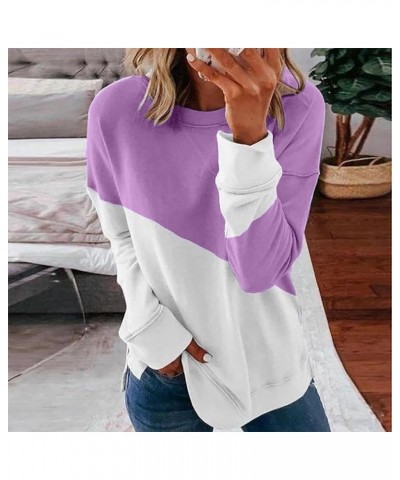 Fall Sweatshirts for Women 2023 Fashion Casual Crewneck Long Sleeve Pullover ColorBlock Stripe Print Blouse Loose Fit B1-purp...