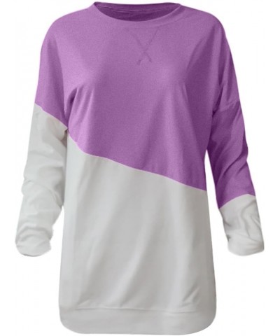 Fall Sweatshirts for Women 2023 Fashion Casual Crewneck Long Sleeve Pullover ColorBlock Stripe Print Blouse Loose Fit B1-purp...