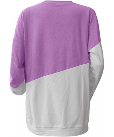 Fall Sweatshirts for Women 2023 Fashion Casual Crewneck Long Sleeve Pullover ColorBlock Stripe Print Blouse Loose Fit B1-purp...