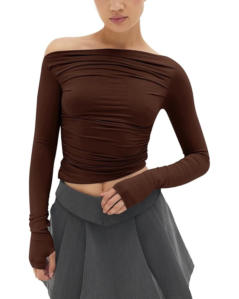 Women's Sexy Off Shoulder Asymmetrical Tops Ruched Long Sleeve Boat Neck Cropped Y2K Tee Shirts Soft Brown $16.50 T-Shirts