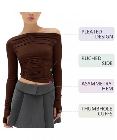 Women's Sexy Off Shoulder Asymmetrical Tops Ruched Long Sleeve Boat Neck Cropped Y2K Tee Shirts Soft Brown $16.50 T-Shirts