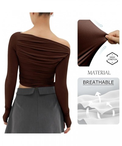 Women's Sexy Off Shoulder Asymmetrical Tops Ruched Long Sleeve Boat Neck Cropped Y2K Tee Shirts Soft Brown $16.50 T-Shirts