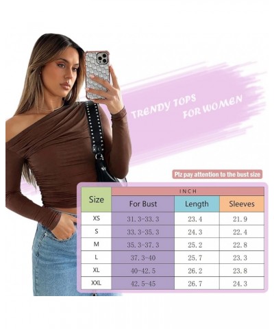 Women's Sexy Off Shoulder Asymmetrical Tops Ruched Long Sleeve Boat Neck Cropped Y2K Tee Shirts Soft Brown $16.50 T-Shirts