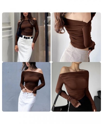 Women's Sexy Off Shoulder Asymmetrical Tops Ruched Long Sleeve Boat Neck Cropped Y2K Tee Shirts Soft Brown $16.50 T-Shirts