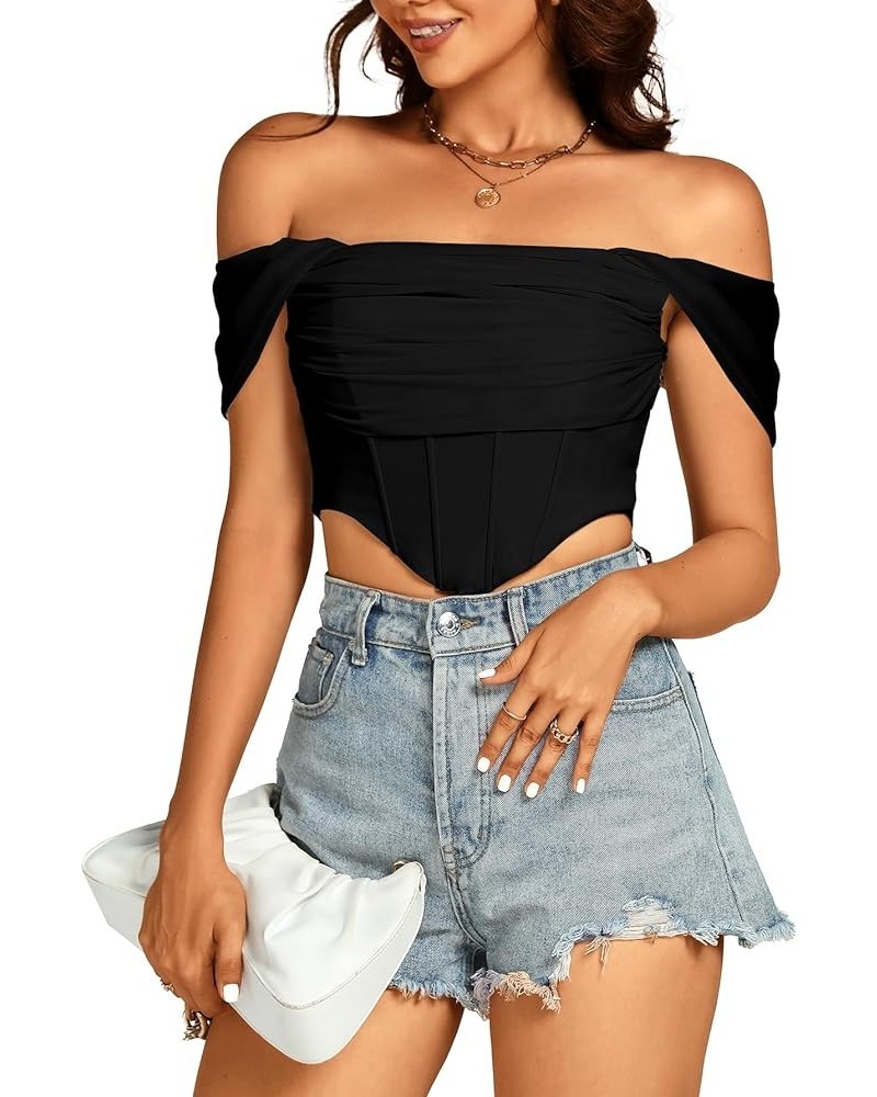 Women's Sexy Off Shoulder Ruched Mesh Sleeve Corset Crop Top Shirt Blouse Black $17.10 Blouses