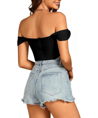 Women's Sexy Off Shoulder Ruched Mesh Sleeve Corset Crop Top Shirt Blouse Black $17.10 Blouses