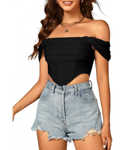 Women's Sexy Off Shoulder Ruched Mesh Sleeve Corset Crop Top Shirt Blouse Black $17.10 Blouses