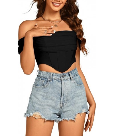 Women's Sexy Off Shoulder Ruched Mesh Sleeve Corset Crop Top Shirt Blouse Black $17.10 Blouses
