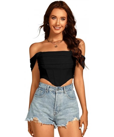 Women's Sexy Off Shoulder Ruched Mesh Sleeve Corset Crop Top Shirt Blouse Black $17.10 Blouses