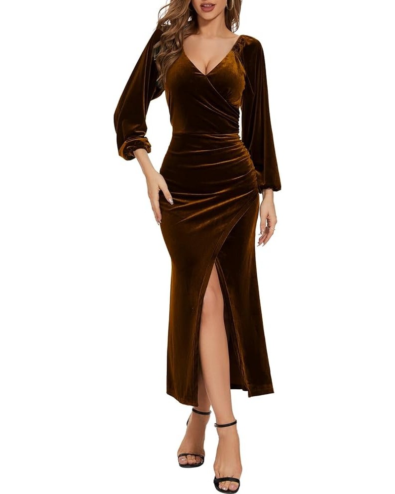 Women's Wrap V Neck Velvet Long Sleeve Dress Ruched Split Bodycon Elegant Maxi Long Cocktail Party Dresses Brown $27.84 Dresses