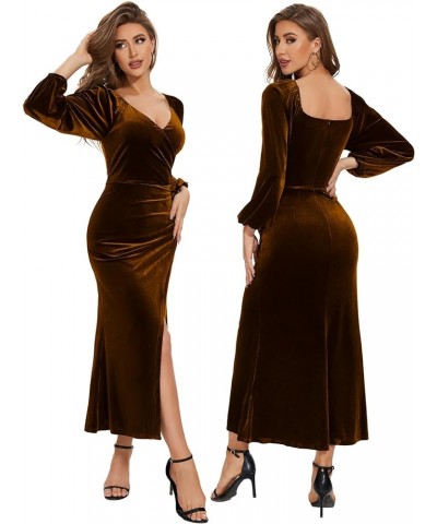 Women's Wrap V Neck Velvet Long Sleeve Dress Ruched Split Bodycon Elegant Maxi Long Cocktail Party Dresses Brown $27.84 Dresses