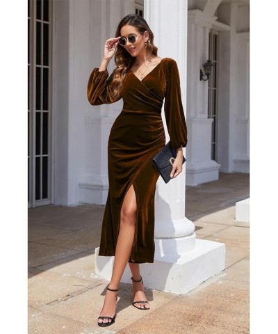Women's Wrap V Neck Velvet Long Sleeve Dress Ruched Split Bodycon Elegant Maxi Long Cocktail Party Dresses Brown $27.84 Dresses