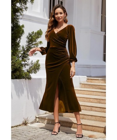 Women's Wrap V Neck Velvet Long Sleeve Dress Ruched Split Bodycon Elegant Maxi Long Cocktail Party Dresses Brown $27.84 Dresses