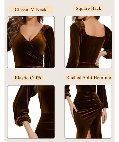 Women's Wrap V Neck Velvet Long Sleeve Dress Ruched Split Bodycon Elegant Maxi Long Cocktail Party Dresses Brown $27.84 Dresses