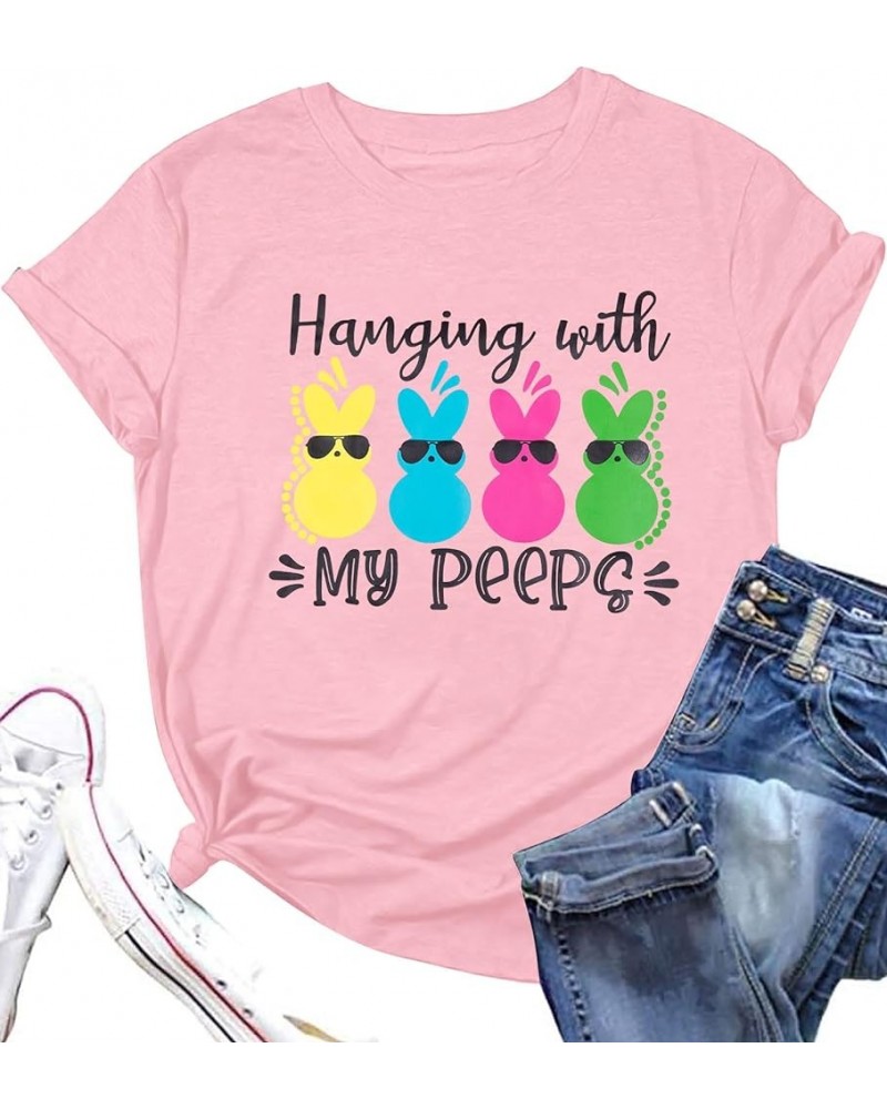 Easter Shirts for Women Hanging with My Peeps Easter Shirt Bunny Rabbit Graphic T-Shirt Casual Short Sleeve Tops Pink $12.74 ...