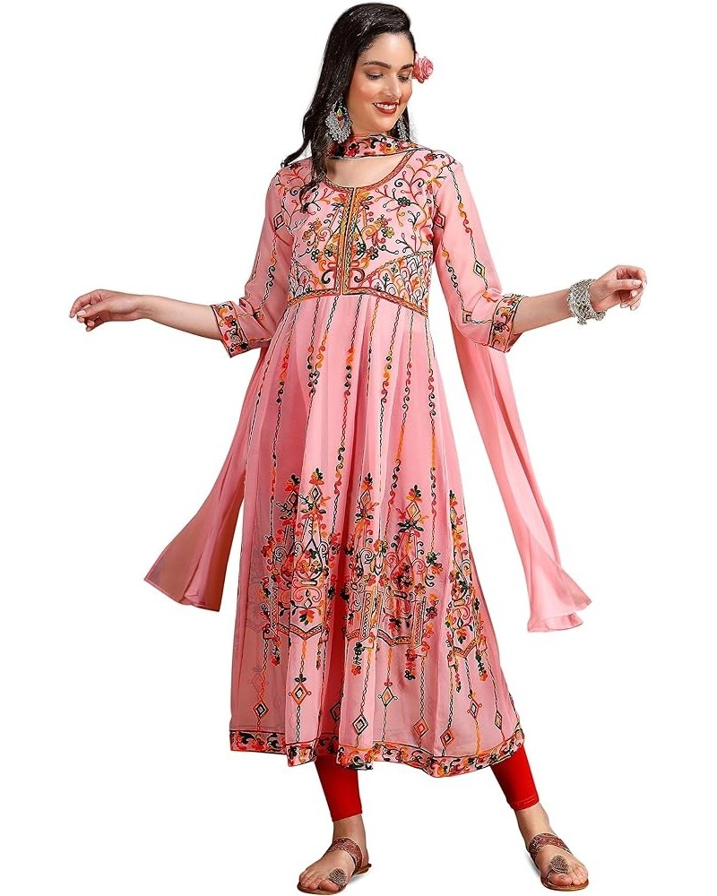 Women's Georgette Embroidered and Sequence Work Anarkali Kurta and Dupatta Set Pink $15.47 Tops