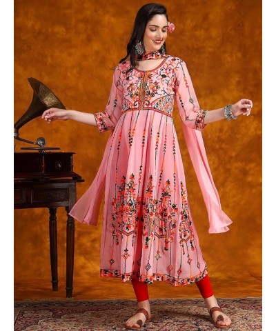 Women's Georgette Embroidered and Sequence Work Anarkali Kurta and Dupatta Set Pink $15.47 Tops