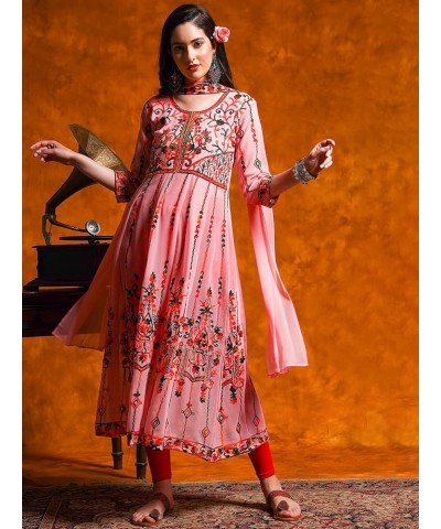 Women's Georgette Embroidered and Sequence Work Anarkali Kurta and Dupatta Set Pink $15.47 Tops