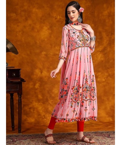 Women's Georgette Embroidered and Sequence Work Anarkali Kurta and Dupatta Set Pink $15.47 Tops