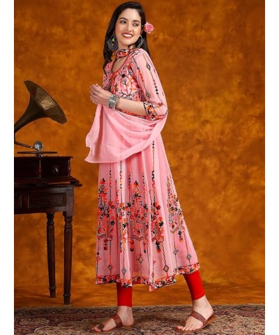 Women's Georgette Embroidered and Sequence Work Anarkali Kurta and Dupatta Set Pink $15.47 Tops