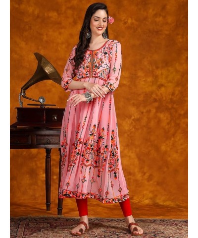 Women's Georgette Embroidered and Sequence Work Anarkali Kurta and Dupatta Set Pink $15.47 Tops