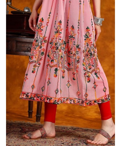 Women's Georgette Embroidered and Sequence Work Anarkali Kurta and Dupatta Set Pink $15.47 Tops