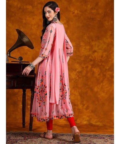 Women's Georgette Embroidered and Sequence Work Anarkali Kurta and Dupatta Set Pink $15.47 Tops