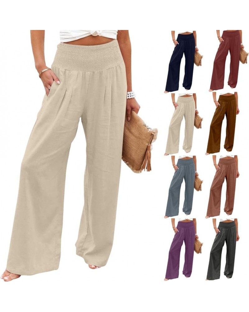 Linen Pants Women 2024 Summer Boho Wide Leg Palazzo Pants High Waist Casual Lounge Pant Trousers with Pockets E-beige Daily D...