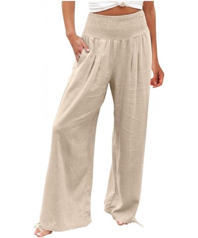 Linen Pants Women 2024 Summer Boho Wide Leg Palazzo Pants High Waist Casual Lounge Pant Trousers with Pockets E-beige Daily D...