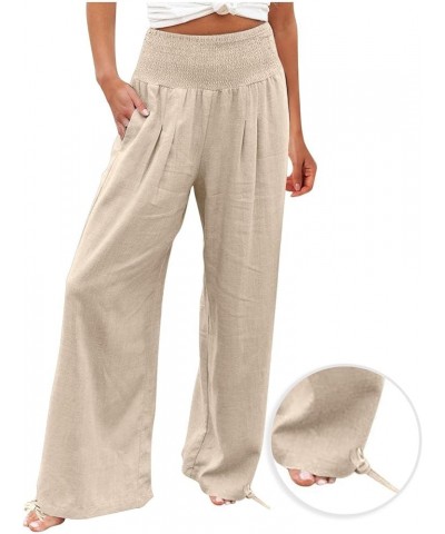 Linen Pants Women 2024 Summer Boho Wide Leg Palazzo Pants High Waist Casual Lounge Pant Trousers with Pockets E-beige Daily D...