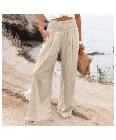 Linen Pants Women 2024 Summer Boho Wide Leg Palazzo Pants High Waist Casual Lounge Pant Trousers with Pockets E-beige Daily D...