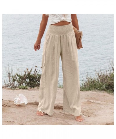 Linen Pants Women 2024 Summer Boho Wide Leg Palazzo Pants High Waist Casual Lounge Pant Trousers with Pockets E-beige Daily D...