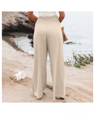 Linen Pants Women 2024 Summer Boho Wide Leg Palazzo Pants High Waist Casual Lounge Pant Trousers with Pockets E-beige Daily D...