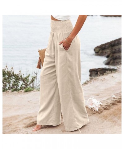Linen Pants Women 2024 Summer Boho Wide Leg Palazzo Pants High Waist Casual Lounge Pant Trousers with Pockets E-beige Daily D...