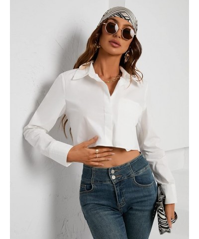 Women's Long Sleeve Button Down Shirt Crop Top Casual Solid Blouse Plain White $19.94 Blouses