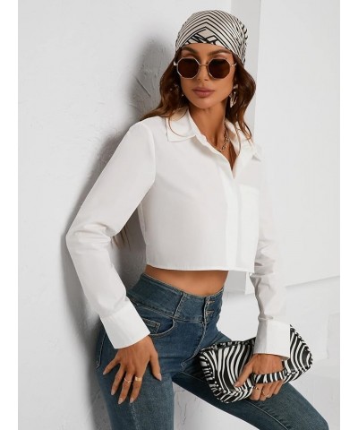Women's Long Sleeve Button Down Shirt Crop Top Casual Solid Blouse Plain White $19.94 Blouses