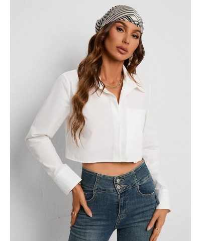 Women's Long Sleeve Button Down Shirt Crop Top Casual Solid Blouse Plain White $19.94 Blouses