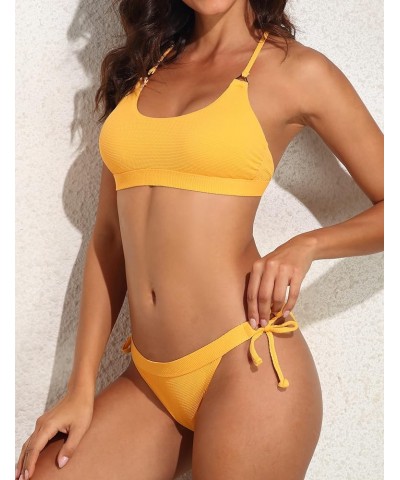 Women's Scoop Neck Bikini Swimsuit Push Up Padded Low Rise Swimsuit Two Piece Bathing Suit Yellow $18.87 Swimsuits