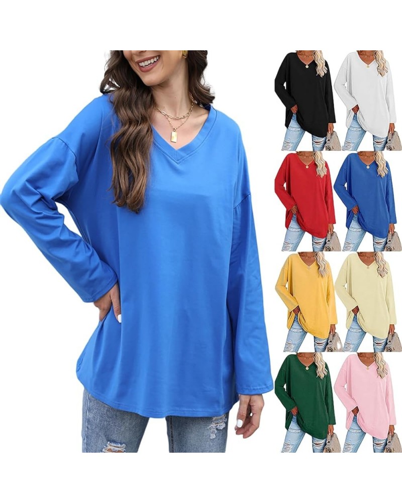 Women Top Oversized Cotton Solid/Two-Bar Striped Long Sleeve V-Neck T-Shirt Loose Blouse A-royal Blue $13.79 T-Shirts