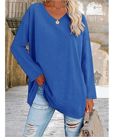 Women Top Oversized Cotton Solid/Two-Bar Striped Long Sleeve V-Neck T-Shirt Loose Blouse A-royal Blue $13.79 T-Shirts