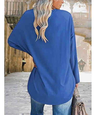 Women Top Oversized Cotton Solid/Two-Bar Striped Long Sleeve V-Neck T-Shirt Loose Blouse A-royal Blue $13.79 T-Shirts