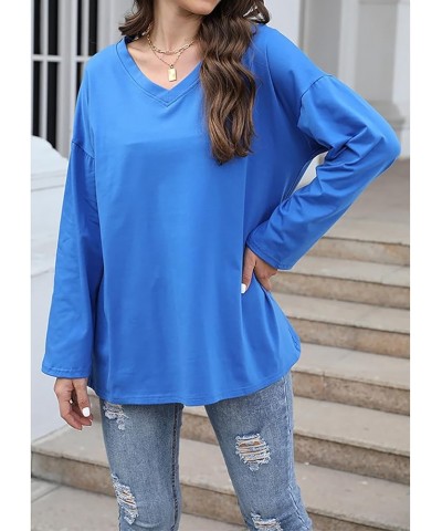 Women Top Oversized Cotton Solid/Two-Bar Striped Long Sleeve V-Neck T-Shirt Loose Blouse A-royal Blue $13.79 T-Shirts