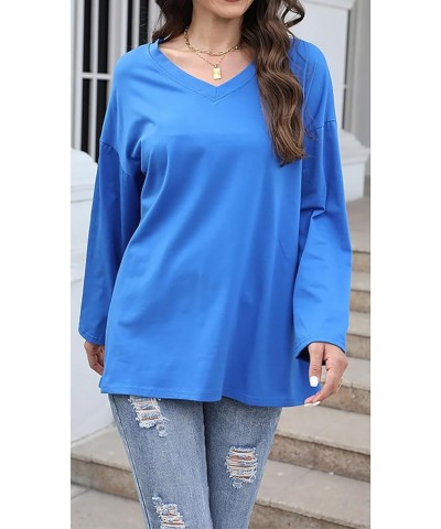 Women Top Oversized Cotton Solid/Two-Bar Striped Long Sleeve V-Neck T-Shirt Loose Blouse A-royal Blue $13.79 T-Shirts